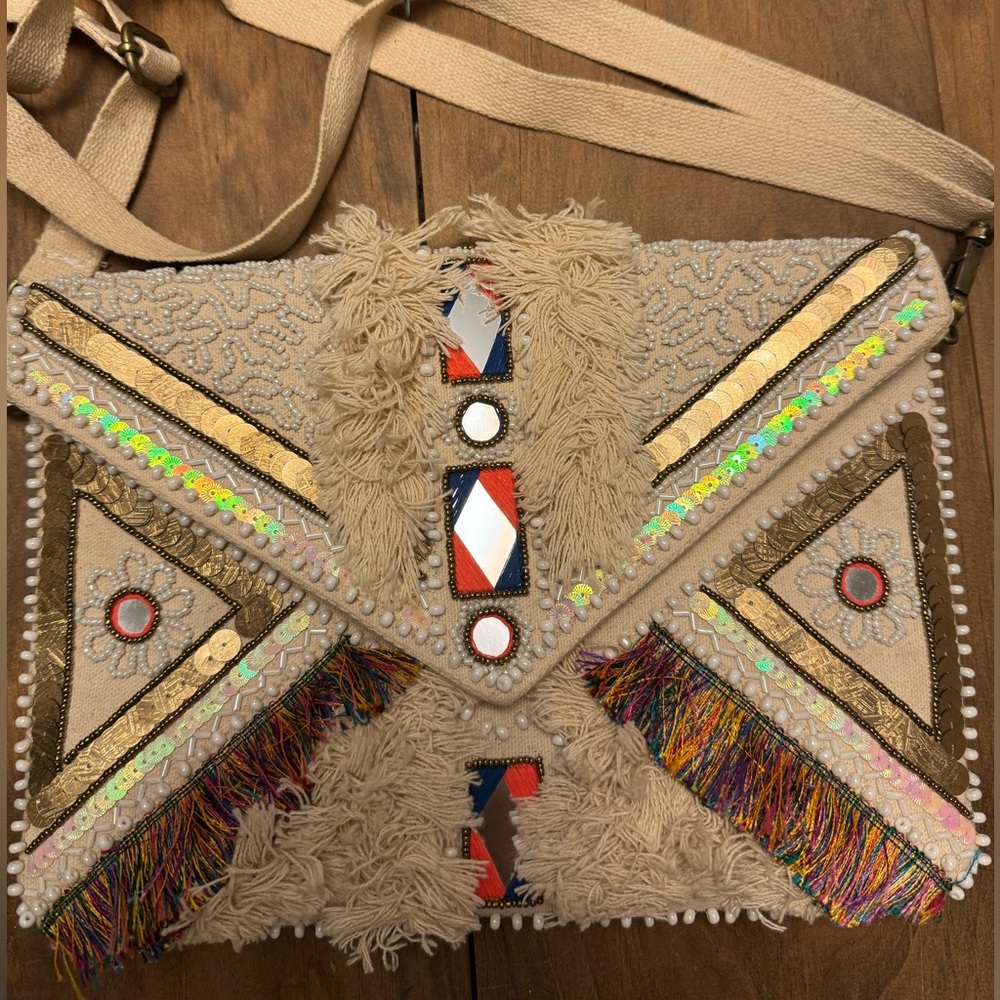 Cream beaded boho envelope clutch with strap